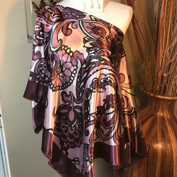 Satin Shawl Poncho Cover all up Purple Top Floral - Picture 2 of 6